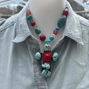 NWT Chunky Turquoise Rose Cross Bead Cowgirl Western Boho Necklace & Earring